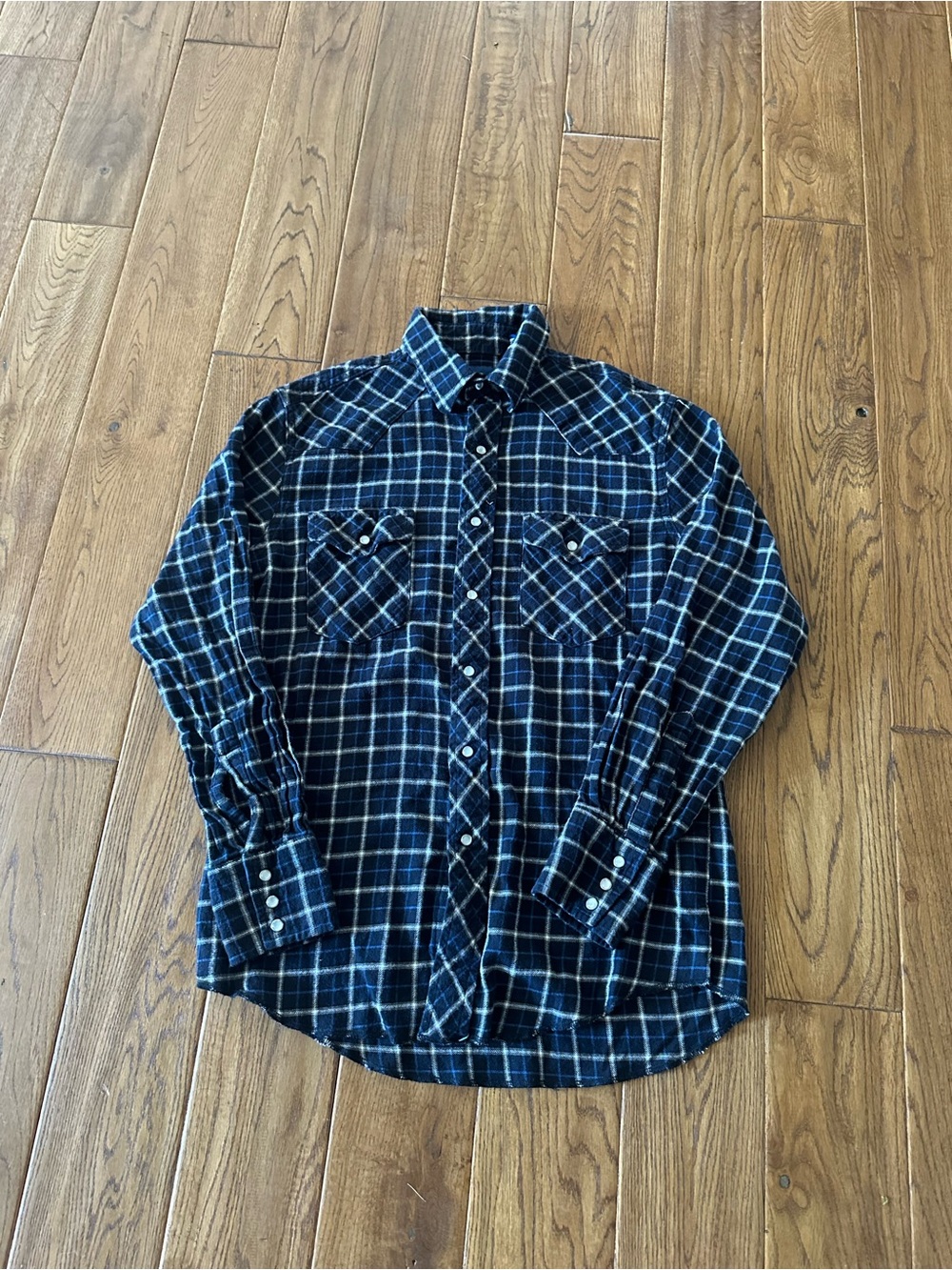 Vintage Wrangler Navy and White Plaid Button-Down Shirt